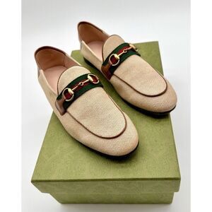 Gucci Brixton Beige Canvas Horsebit Buckle Loafers Web Stripe Flats EU 37 US 7